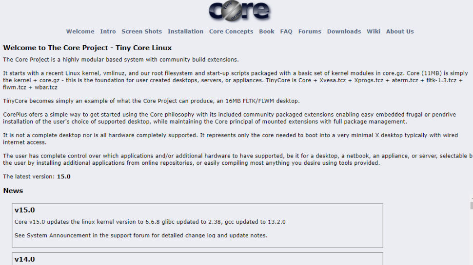 Website screenshot for Tiny Core Linux