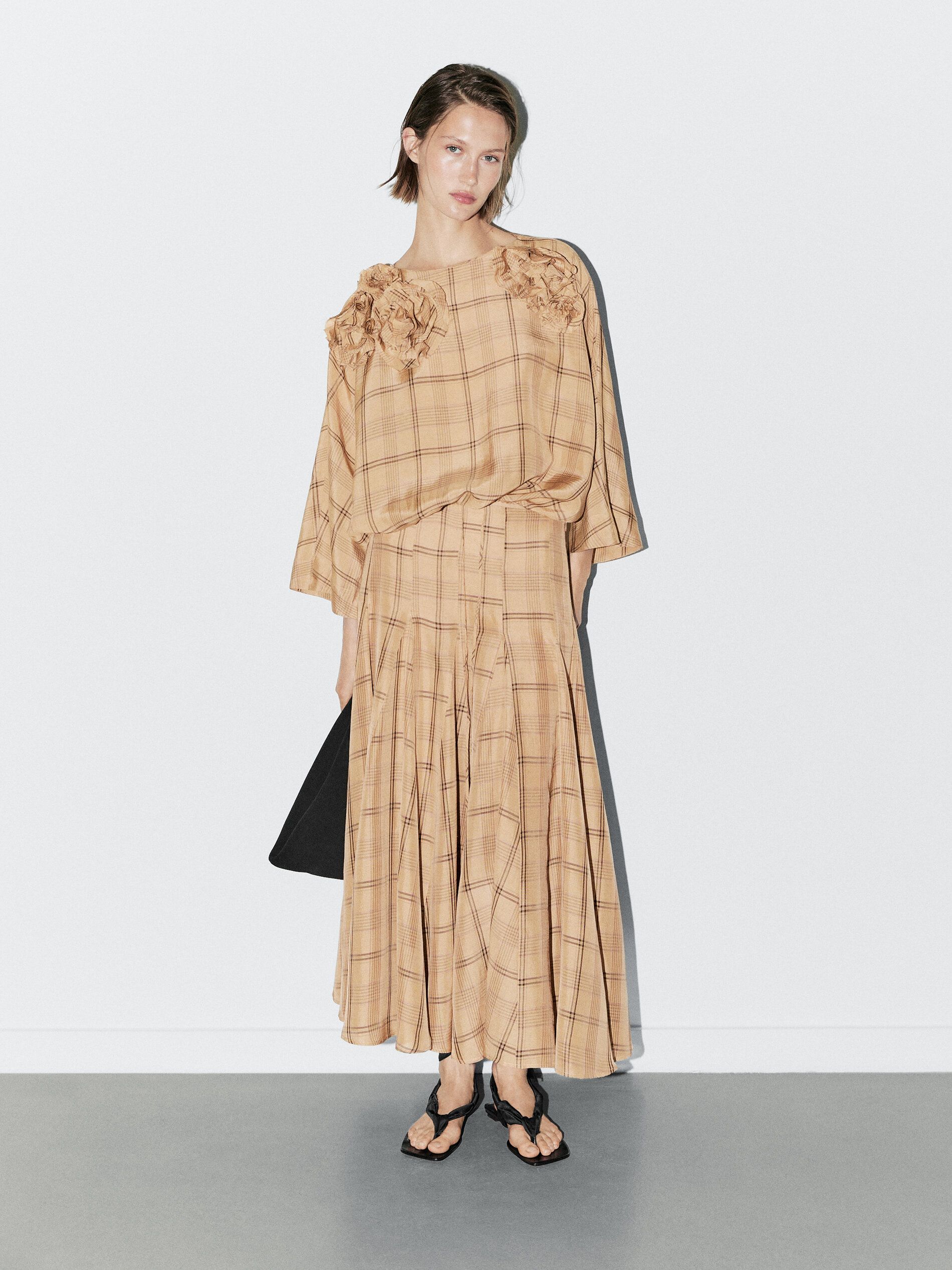 Check Print Godet Midi Skirt - Studio