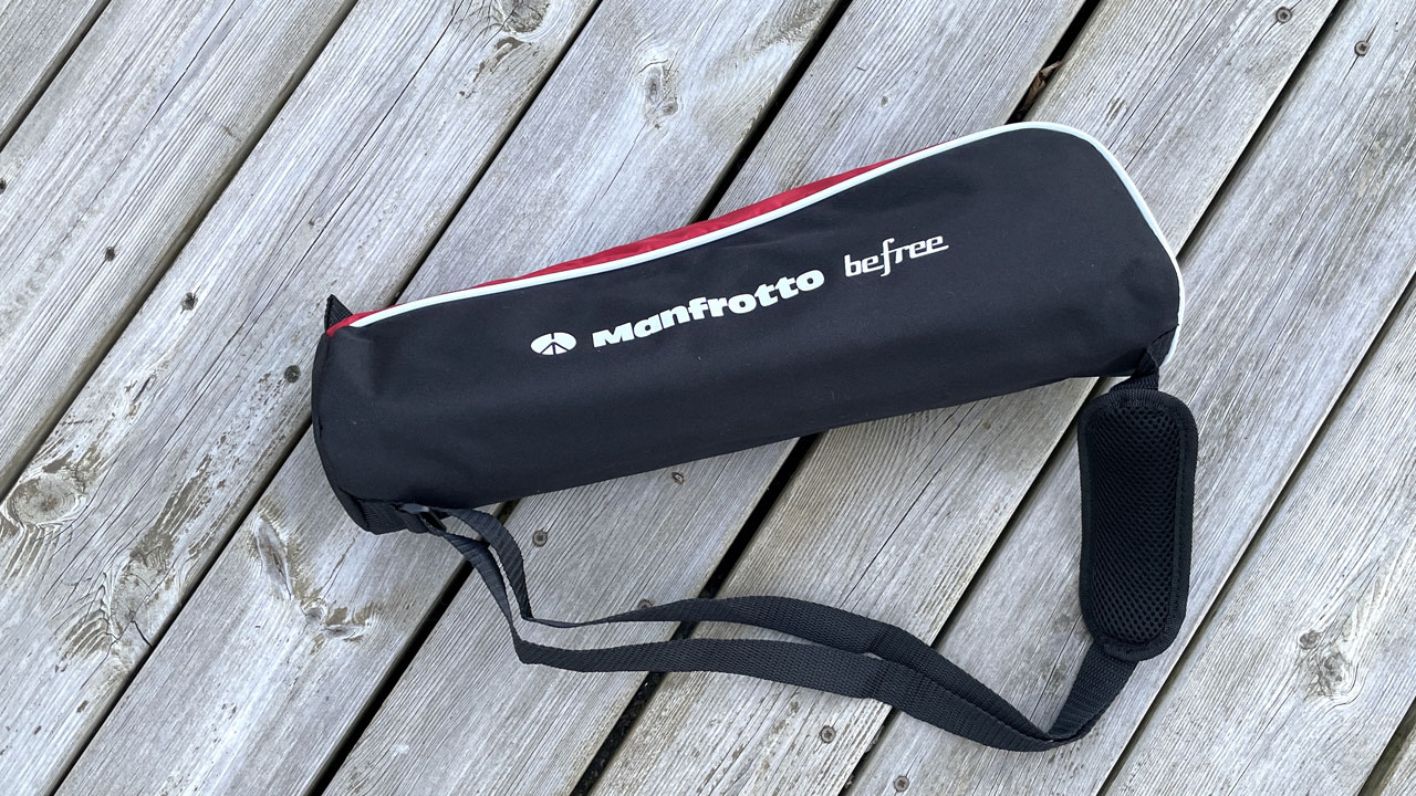 Manfrotto BeFree Advanced Travel Tripod review: image shows camera tripod in bag