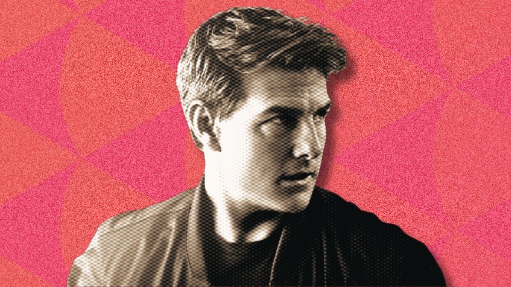 Tom Cruise against a patterned red background