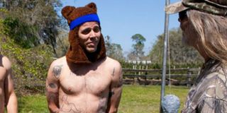 Steve-O with a bear hat on looking ridiculous.