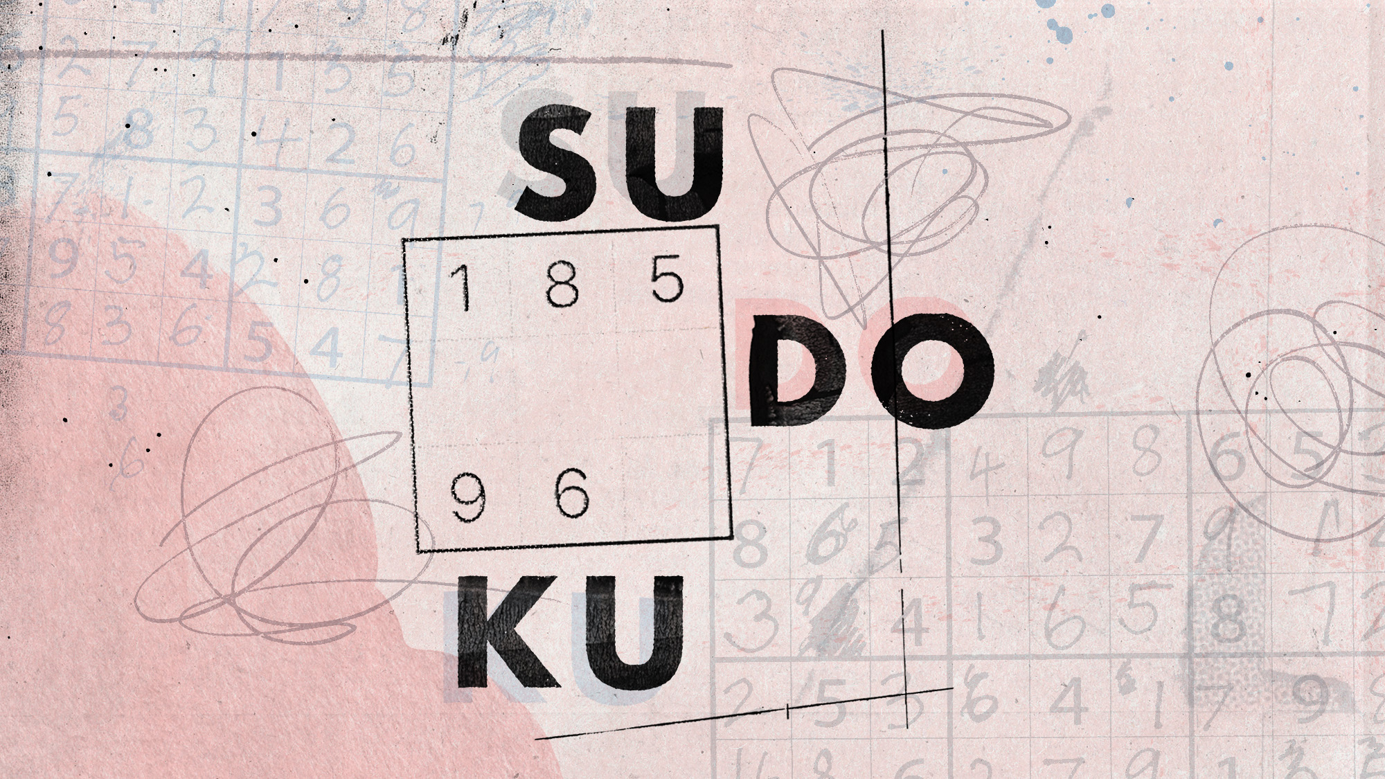 Illustrative collage of pencil scribbles, various print ephemera, and the word "sudoku"