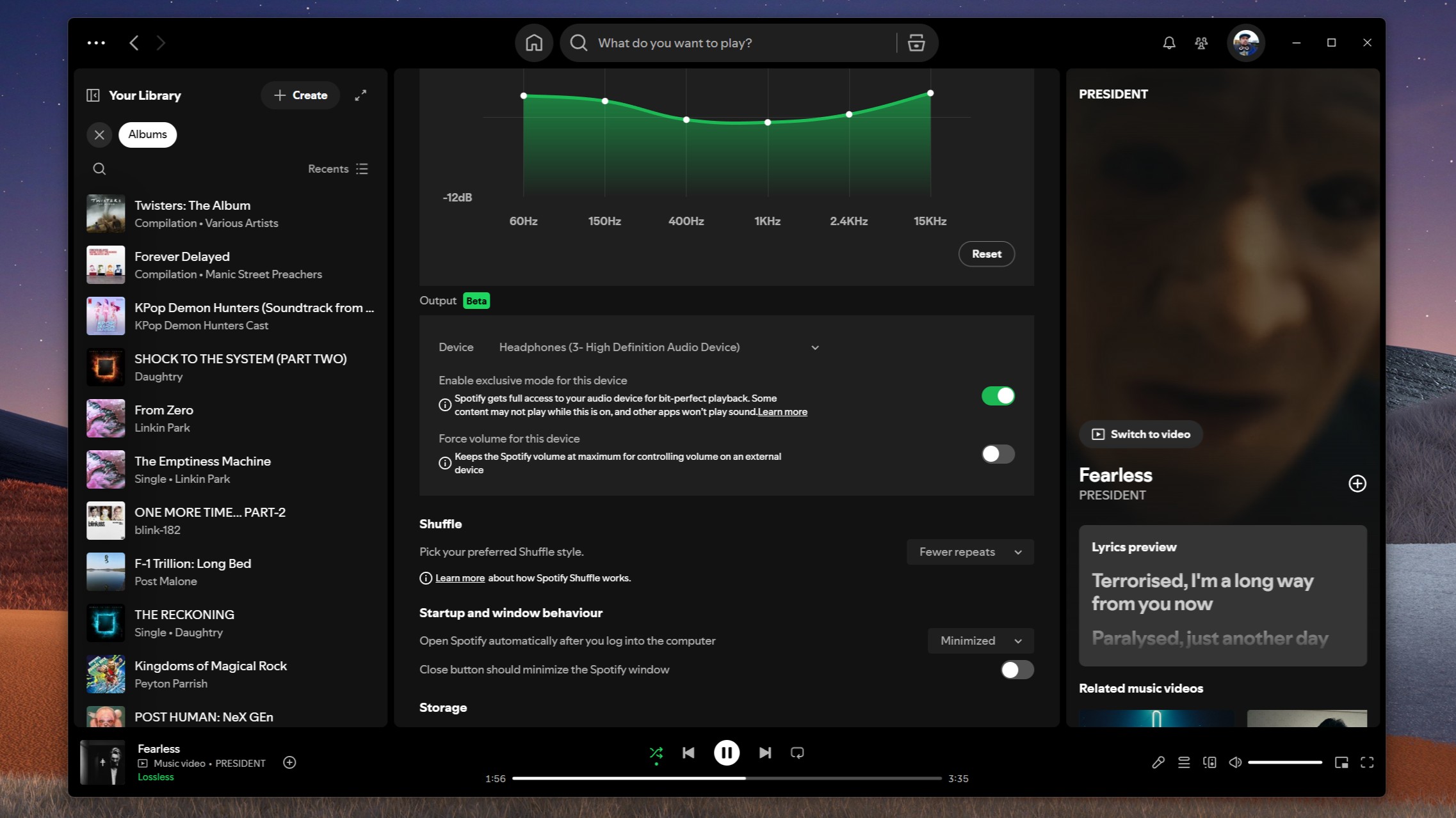 Spotify desktop app on Windows 11 enabling the new Exclusive mode feature.