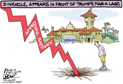 Political cartoon U.S. Trump approval ratings Mar-a-Lago sinkhole