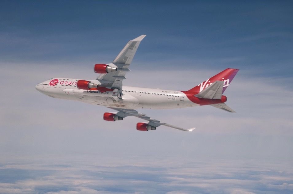 Virgin Orbit&#039;s Cosmic Girl carries a LauncherOne booster in a captive-carry flight on April 12, 2020. The company plans to launch its first test flight in May 2020.