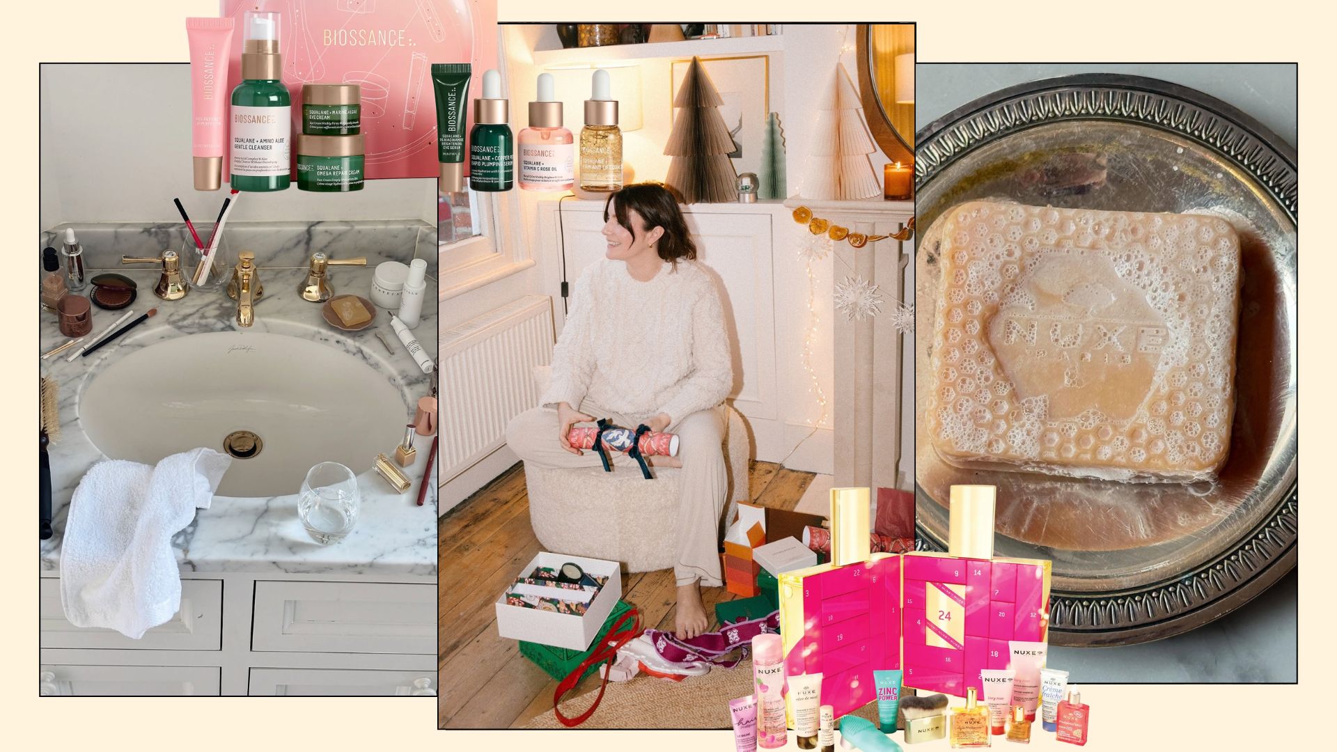 A collage of a woman on Christmas Day opening presents in the living room and a marble bathroom sink with beauty products on, alongside beauty advent calendars