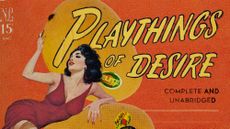 Illustrative collage of a pulp novel titled "Playthings of desire", with a woman sensually embracing a giant mango.