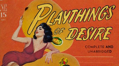 Illustrative collage of a pulp novel titled "Playthings of desire", with a woman sensually embracing a giant mango.