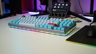 Side view of RGB lighting on Drop Americana Keyboard