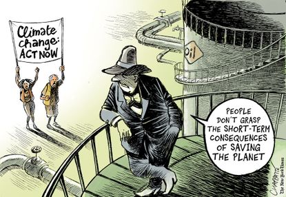 Political cartoon world climate change oil pollution short term