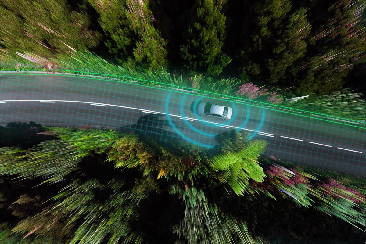 An autonomous car on a winding road