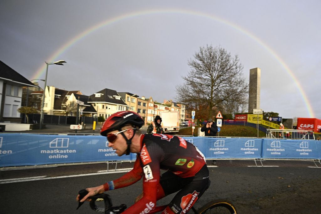 Illustration picture shows a rainbow during the men elite race at the Urban Cross Kortrijk cyclocross cycling event on Saturday 25 November 2023 in Kortrijk the second stage in the X2O Badkamers Trofee Veldrijden competitionBELGA PHOTO JASPER JACOBS Photo by JASPER JACOBS BELGA MAG Belga via AFP Photo by JASPER JACOBSBELGA MAGAFP via Getty Images