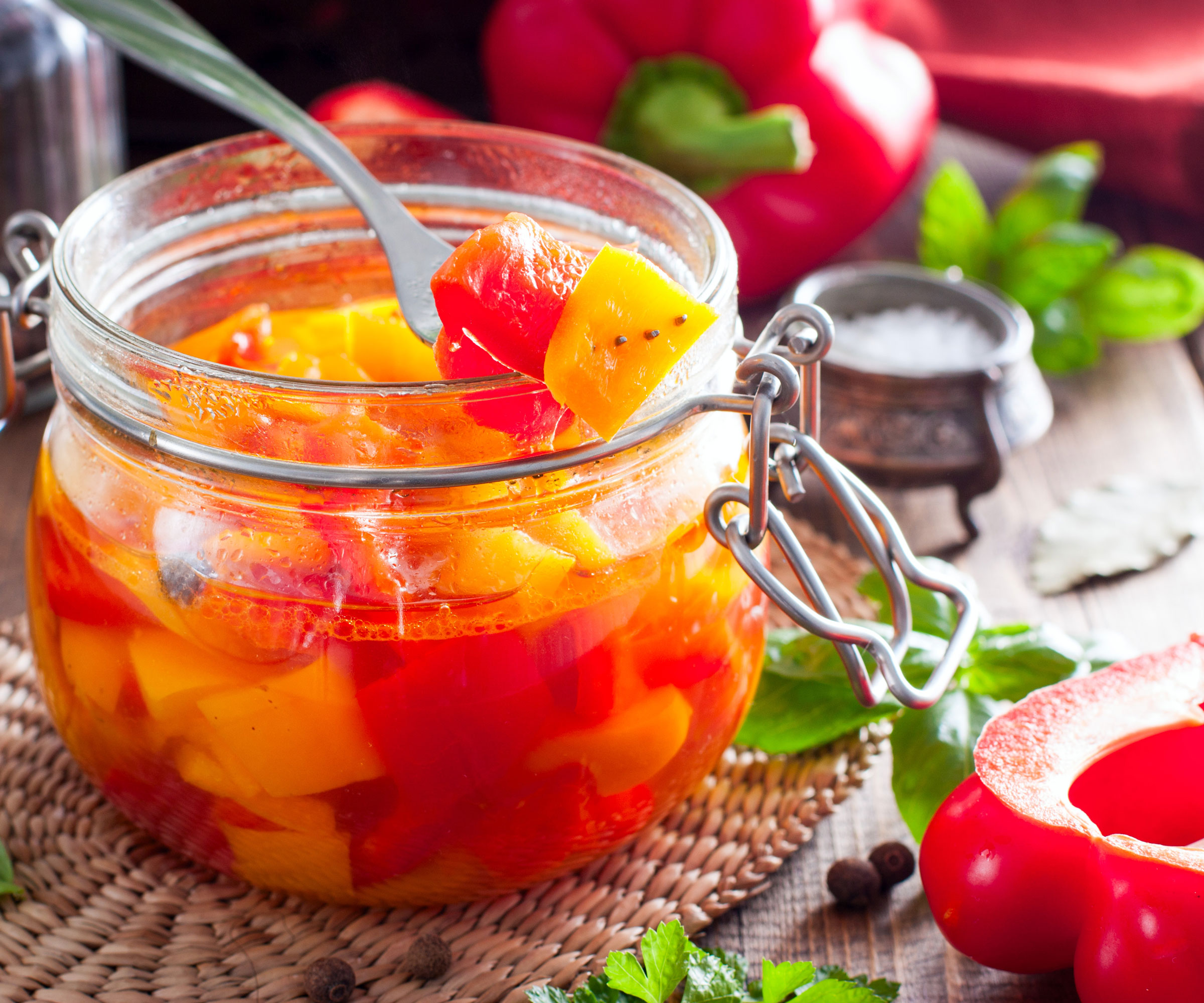 bell peppers pickled in glass jar