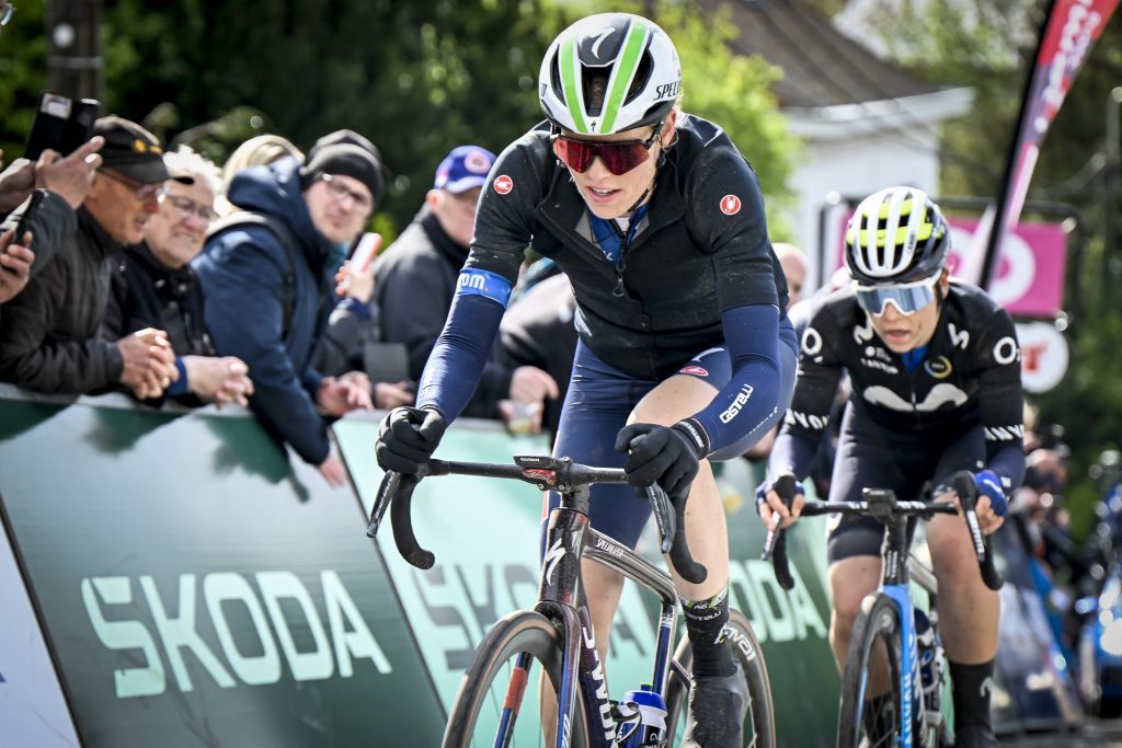 Belgian Julie Van der Velde of Fenix-Deceuninck and Spanish Sara Martin of Movistar Team pictured in action during the women's race of the 'La Fleche Wallonne', one day cycling race (Waalse Pijl - Walloon Arrow), 146 km with start and finish in Huy, Wednesday 17 April 2024. BELGA PHOTO ERIC LALMAND (Photo by ERIC LALMAND / BELGA MAG / Belga via AFP)