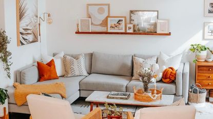 A small living room with a gray couch, coffee table, and wall art on a shelf