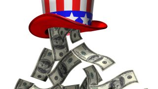 100-dollar bills fall from red white and blue tophat