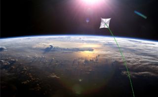 This artist's conception shows a solar sail high above the Earth.