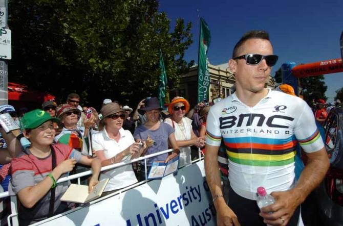 Philippe Gilbert (BMC) in the rainbow jersey of world champion.