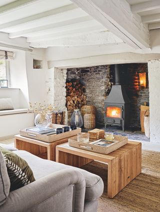 cottage living room with stove and two wooden square coffee tables
