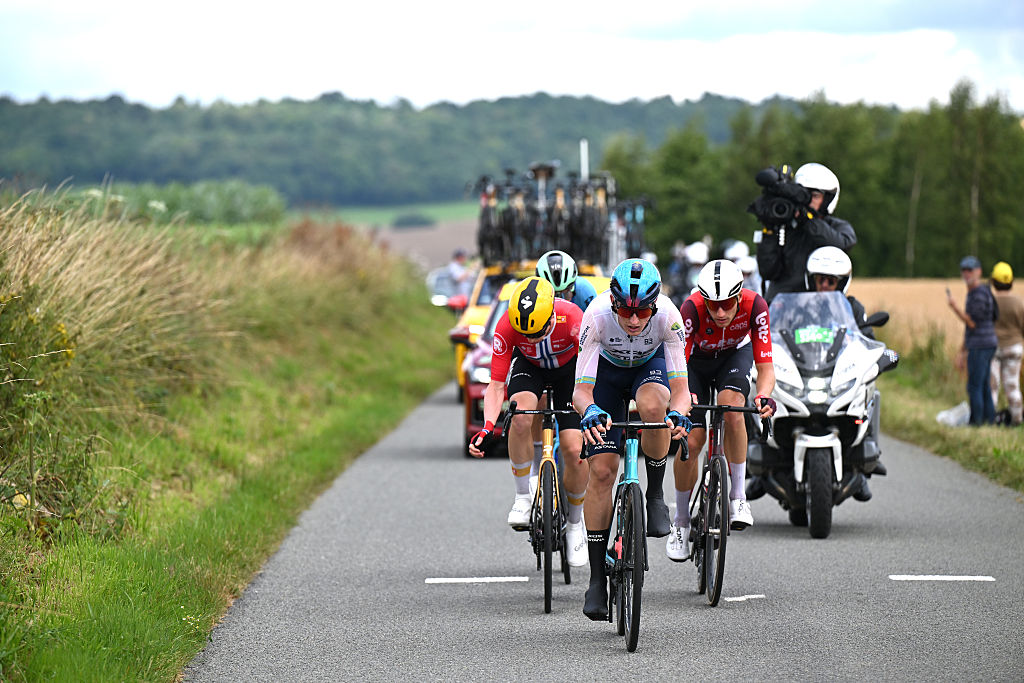 BOULOGNE-SUR-MER - JULY 06: Yevgeniy Fedorov of Kazakhstan and Team XDS Astana competes in the breakaway during the 112th Tour de France 2025, Stage 2 a 209.1km stage from Lauwin-Planque to Boulogne-sur-Mer / #UCIWT / on July 06, 2025 in Boulogne-sur-Mer, France.