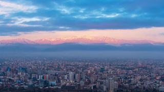 The skyline of Santiago de Chile, Chile's capital at sunset.