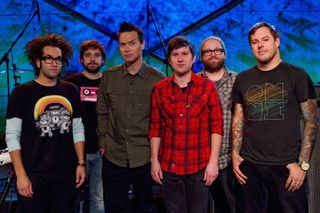 Motion City Soundtrack with Mark Hoppus (third left) at New York City's Fuse Studios in 2010.