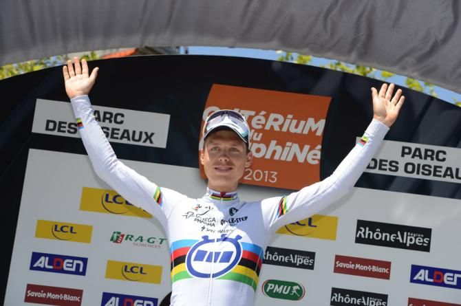 Tony Martin (Omega Pharma-QuickStep) on the podium after winning the time trial at the Crit&eacute;rium du Dauphin&eacute;