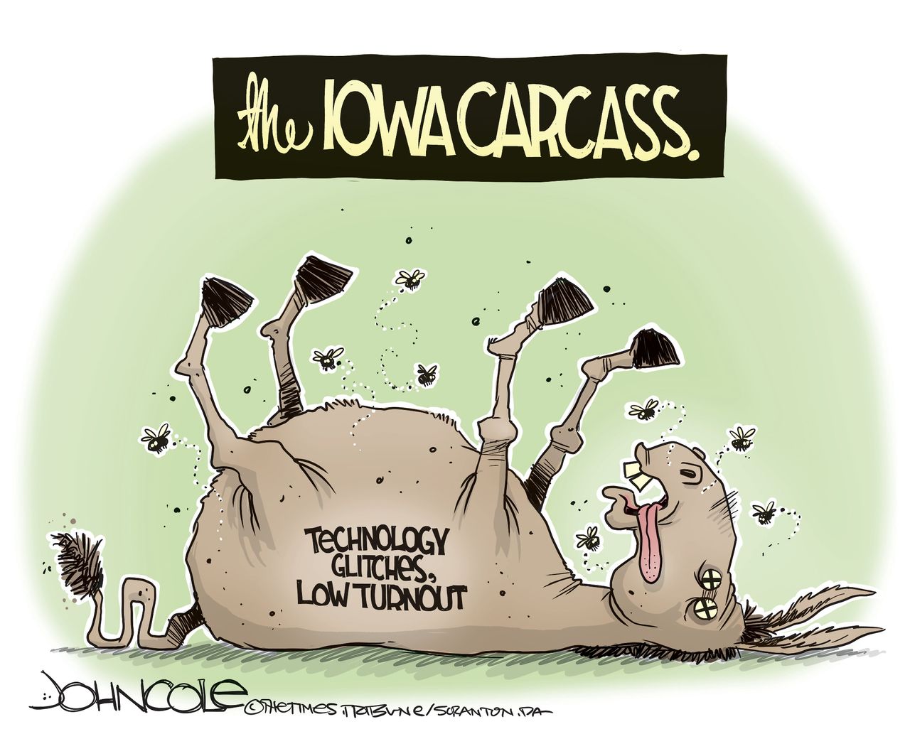 Political Cartoon U.S. Democrats Iowa Caucus DNC low turnout tech issues