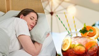 On the left, a woman lies in bed sleeping well. On the right, a close up of a fruity drink in the sun