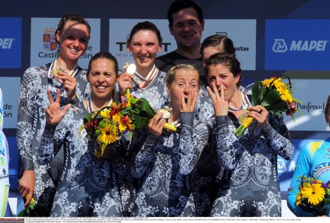The Specialized Lululemon team on the podium at the Worlds in Spain