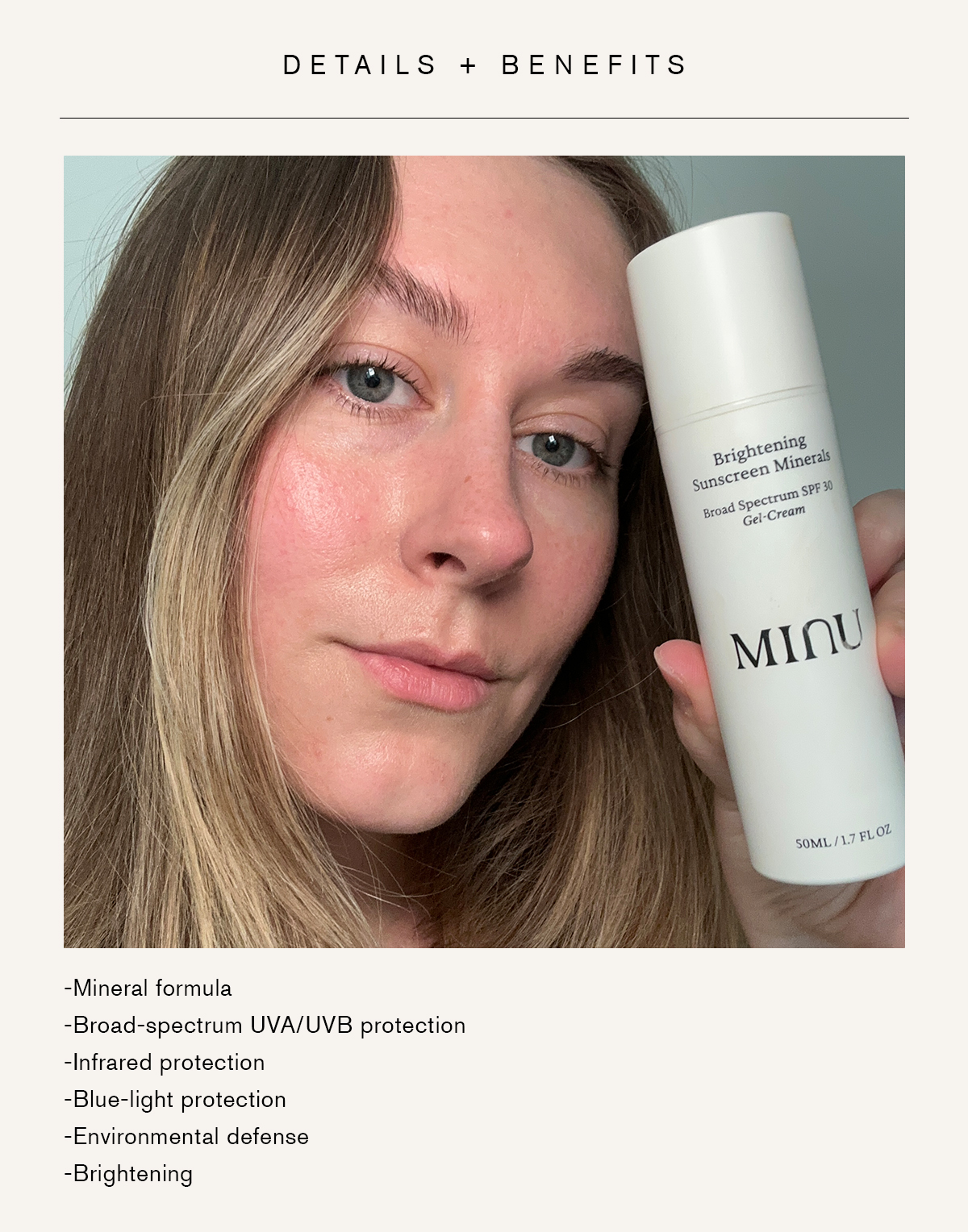 Kaitlyn McLintock holding a bottle of MINU sunscreen