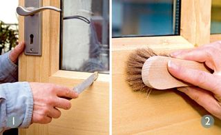 DIY expert helaine clare demonstrates how to lime wood, using a knife to scrape at a wood door, and a wire buffer to smooth over the wood door in the second picture