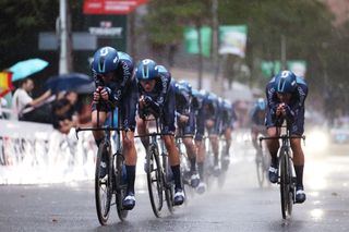 Romain Bardet of France Romain Combaud of France Lorenzo Milesi of Italy Alberto Dainese of Italy Sean Flynn of The United Kingdom Chris Hamilton of Australia Oscar Onley of The United Kingdom Max Poole of The United Kingdom and Team DSM firmenich sprint during the 78th Tour of Spain 2023 Stage 1 a 148km team time trial stage from Barcelona to Barcelona UCIWT on August 26 2023 in Barcelona Spain Photo by Alexander HassensteinGetty Images
