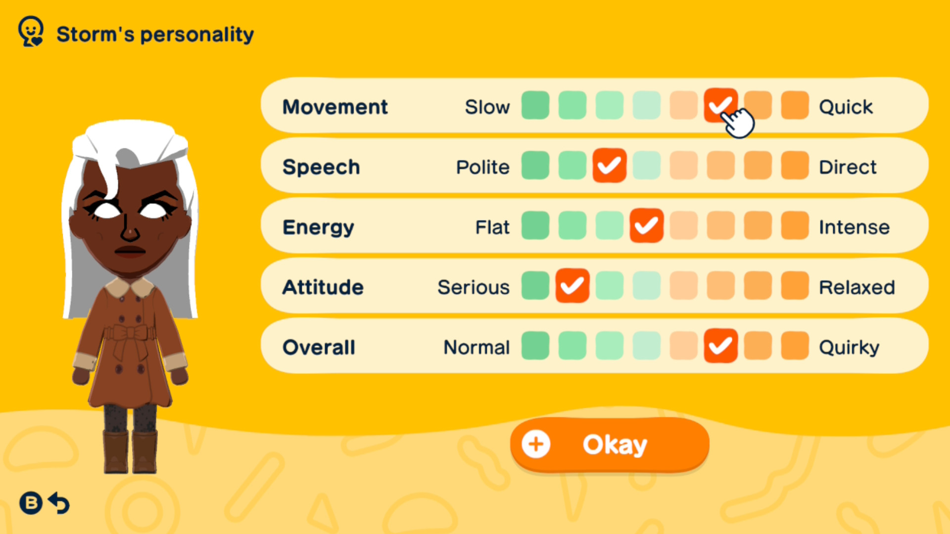 An image of a the values that make a perfectionist personality type Mii in Tomodachi Life Living the Dream
