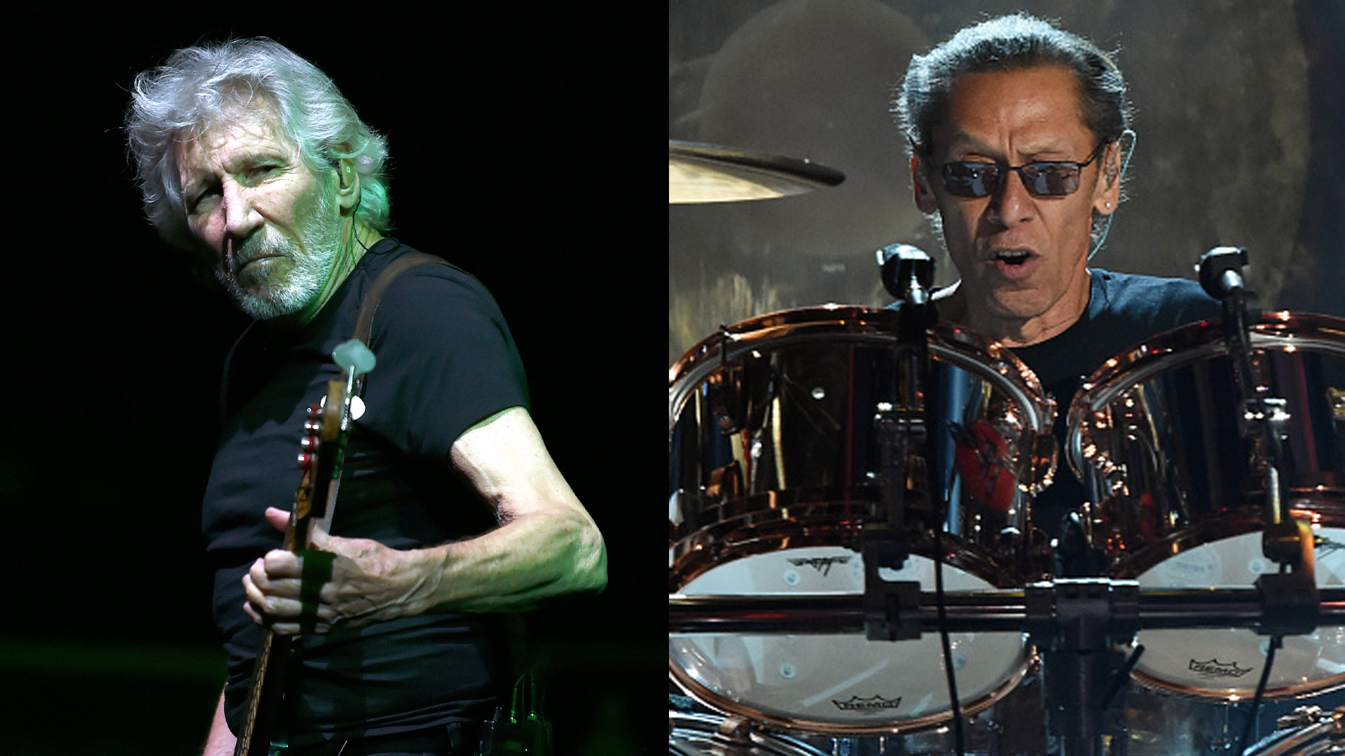 LEFT: Roger Waters performs at the Sports Palace in Mexico City on November 28, 2018. - Waters is in Mexico for his tour called "Roger Waters Us + Them 2018".RIGHT: Alex Van Halen of Van Halen performs during the 2015 Billboard Music Awards at MGM Grand Garden Arena on May 17, 2015 in Las Vegas, Nevada. 