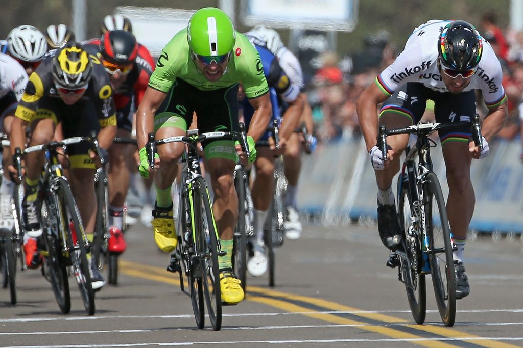 Peter Sagan comes around Wouter Wippert (Cannondale) to take stage 1