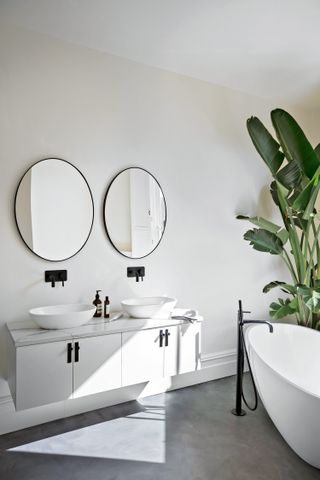 white bathroom with concrete floor and large houseplant