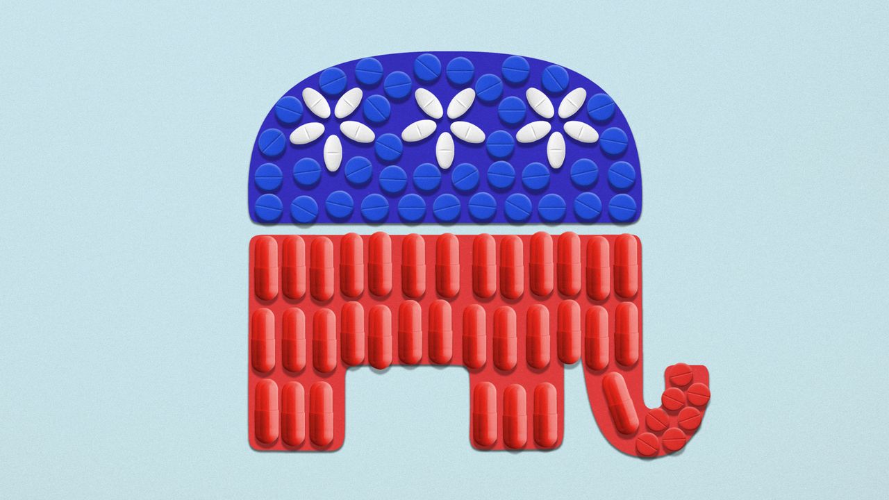 Illustration of a GOP elephant composed of pills