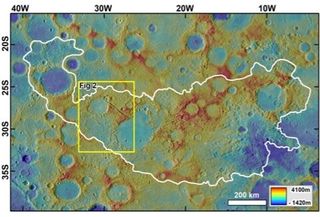 Chaotic terrain (white outline) at the antipode of the Caloris basin.