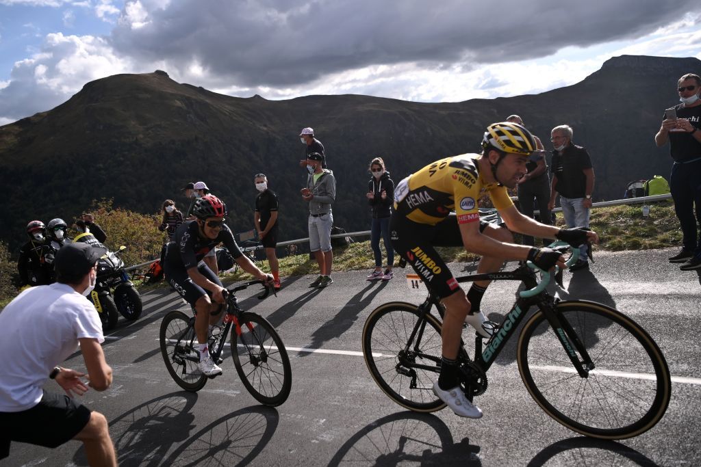 Team Jumbo rider Netherlands Tom Dumoulin R and Team Ineos rider Ecuadors Richard Carapaz ride during the 13th stage of the 107th edition of the Tour de France cycling race 191 km between ChatelGuyon and Puy Mary on September 11 2020 Photo by Marco BERTORELLO AFP Photo by MARCO BERTORELLOAFP via Getty Images