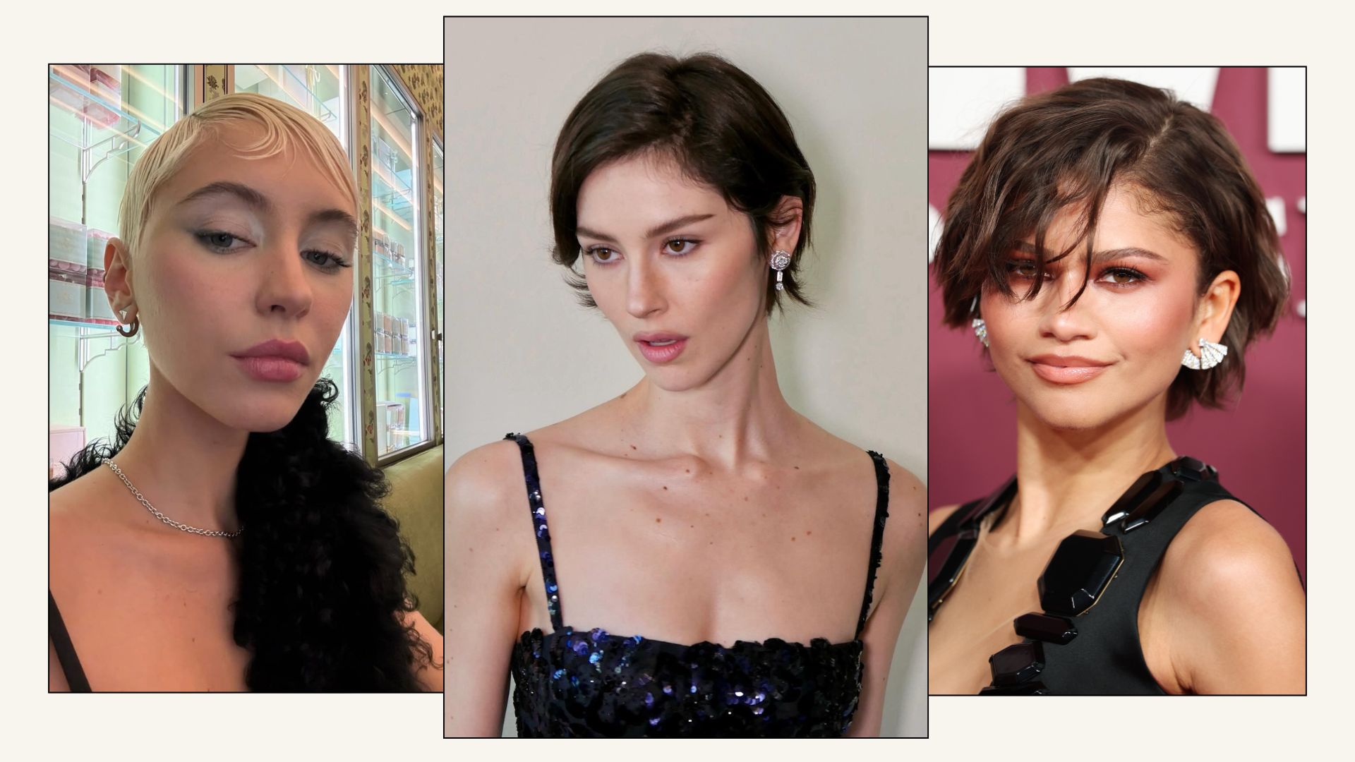 A trio of images featuring Iris Law, Gracie Abrams and Zendaya wearing elfin bob haircuts
