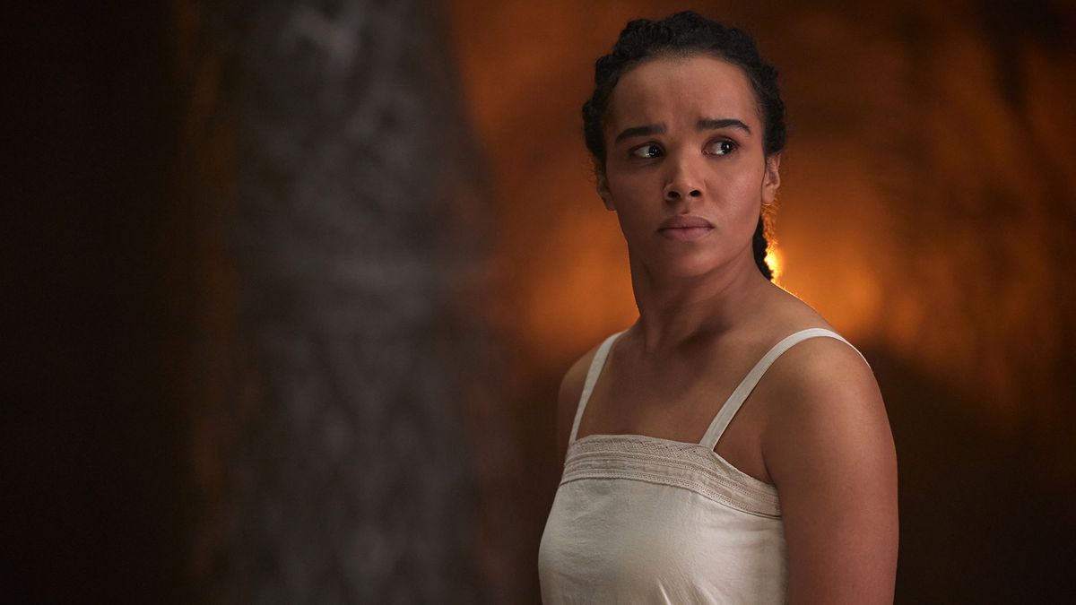 Nynaeve looks concerned as she stares at someone off camera in The Wheel of Time season 2