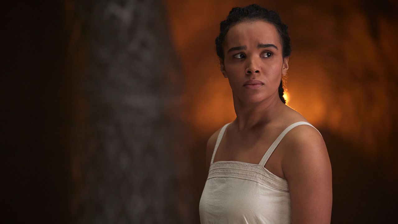 Nynaeve looks concerned as she stares at someone off camera in The Wheel of Time season 2