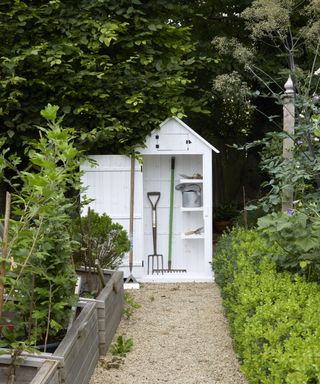 Narrow garden with a tall, slim potting shed