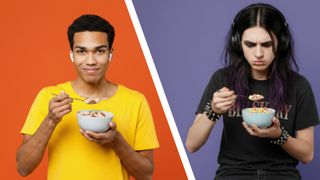 A man eating cereal transformed into a teen goth in the exact same position
