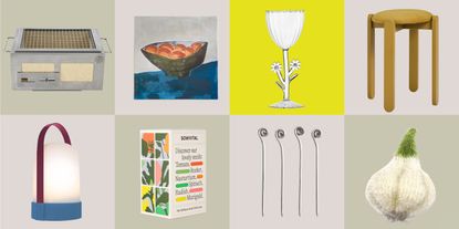 collage of homeware including a tabletop grill, artwork, flower-shaped glass, yellow stool, portable light, pack of seeds, cocktail picks, and onion-shaped sponge