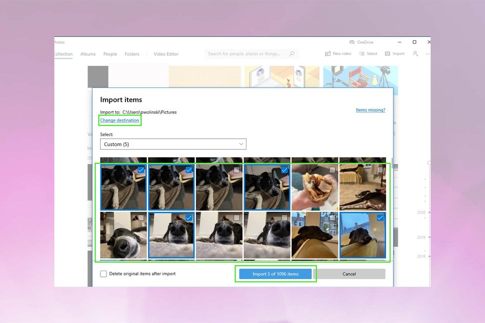 شاشة استيراد تطبيق صور Windows تعرض صورًا متعددة محددة للاستيراد.