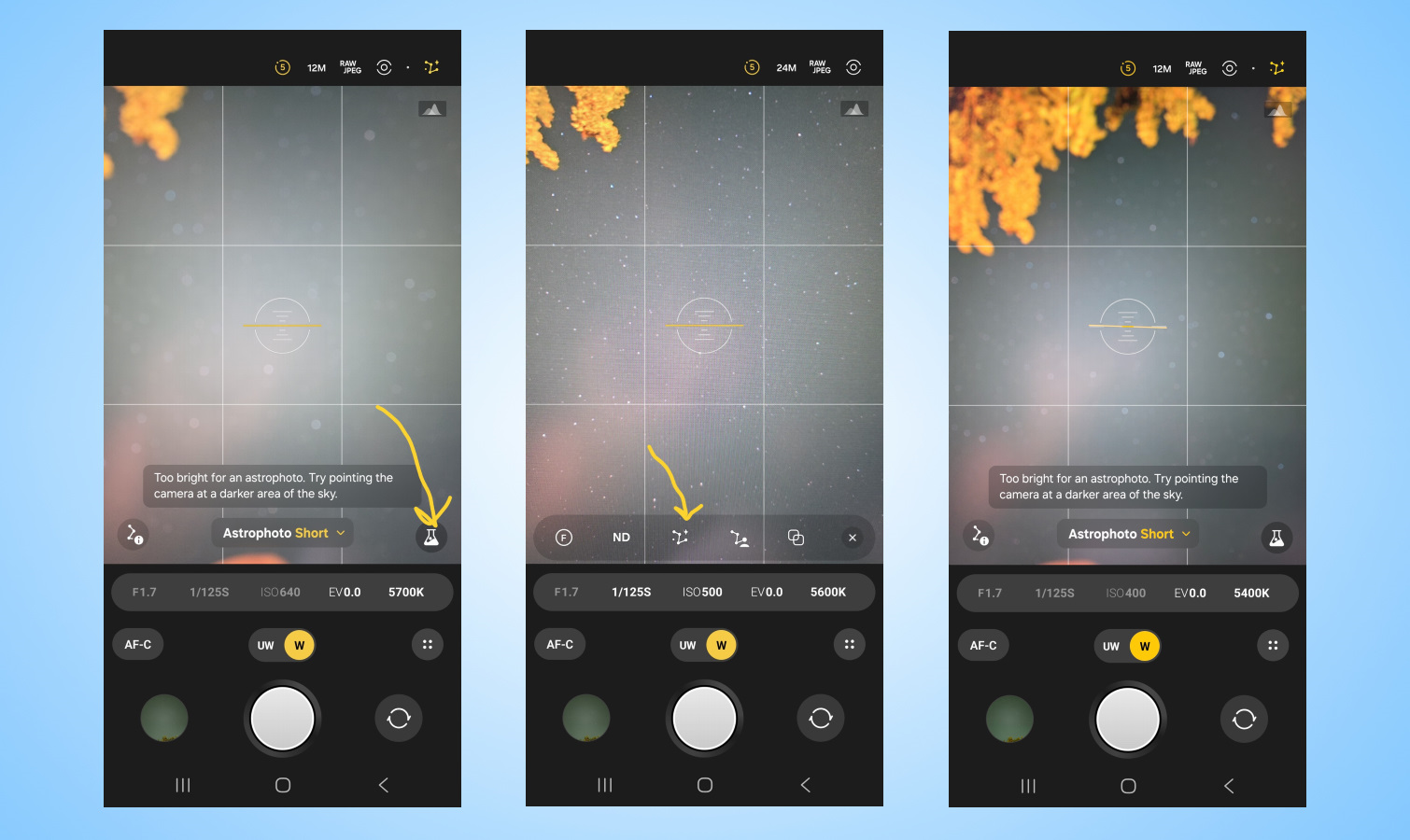 Screen shots of Galaxy S25 Edge astrophotography mode.