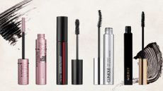 A collage featuring four of the best mascaras for short lashes included in this guide, from Maybelline, Shiseido, Clinique and MERIT, arranged in a line of cream background with two stock images of mascara swatches 