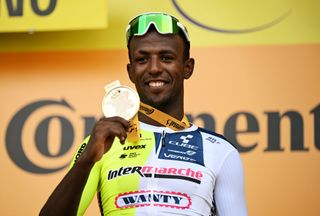 TORINO ITALY JULY 01 Biniam Girmay of Eritrea and Team Intermarche Wanty celebrates at podium as stage winner during the 111th Tour de France 2024 Stage 3 a 2308km stage from Piacenza to Torino UCIWT on July 01 2024 in Torino Italy Photo by Tim de WaeleGetty Images
